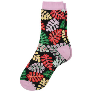 1 Paar Damen Socken mit bunten Blättern SCHWARZ / FLIEDER / BUNT