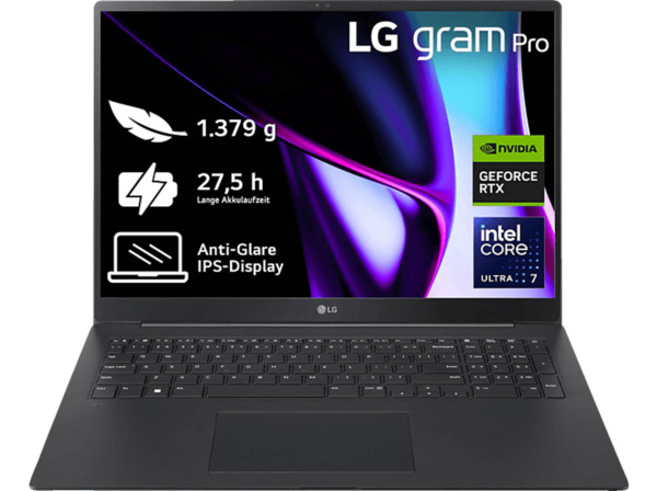 Bild 1 von LG gram Pro 17Z90SP-E.AD7BG, Notebook, mit 17 Zoll Display, Intel® Core™ Ultra 7,155H Prozessor, 32 GB RAM, 1 TB SSD, NVIDIA GeForce RTX™ 3050, Schwarz, Windows 11 Home (64 Bit), Schwarz