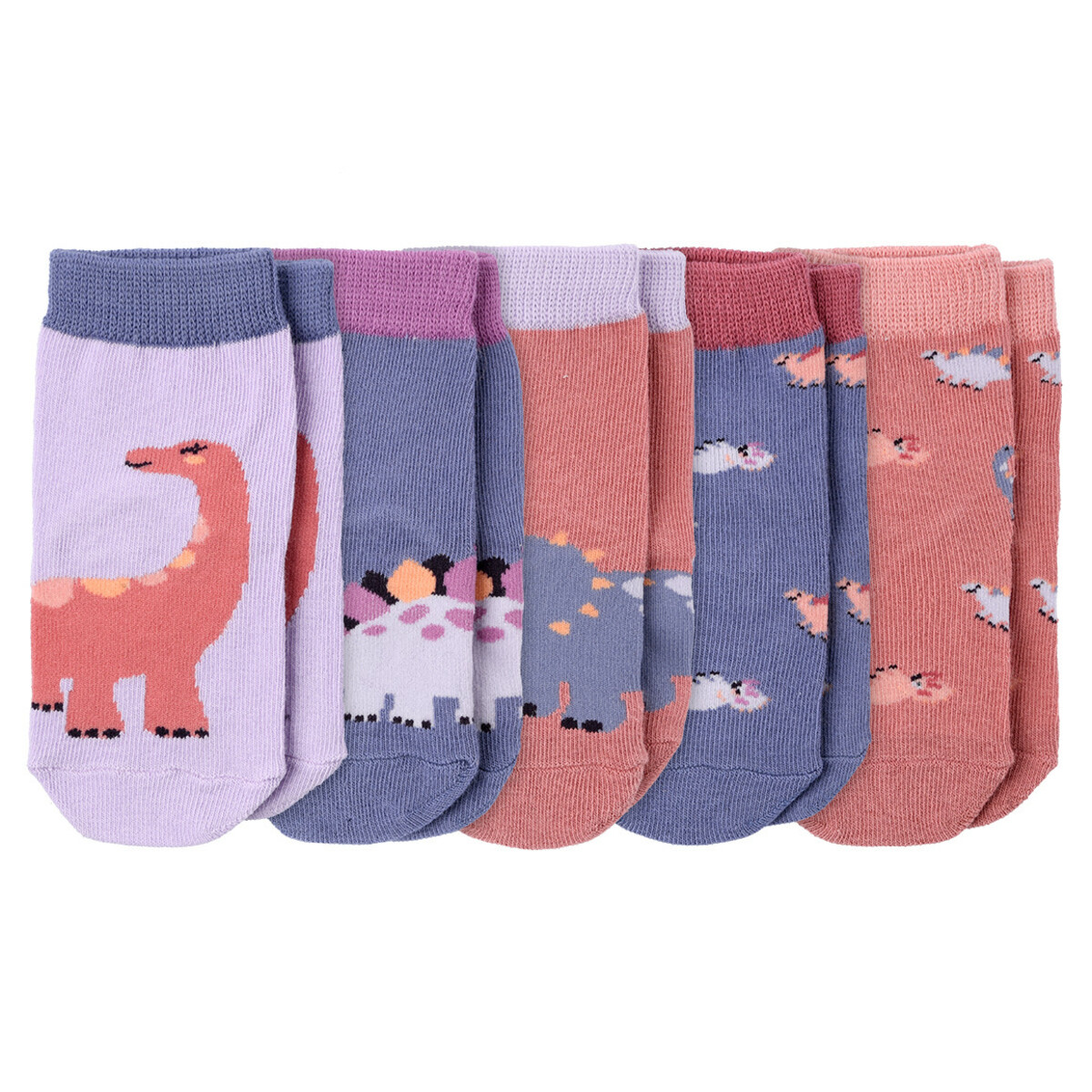 Bild 1 von 5 Paar Baby Socken mit Dino-Motiven DUNKELROSA / BLAU / FLIEDER