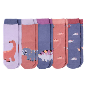 5 Paar Mädchen Socken mit Dino-Motiven DUNKELROSA / BLAU / FLIEDER