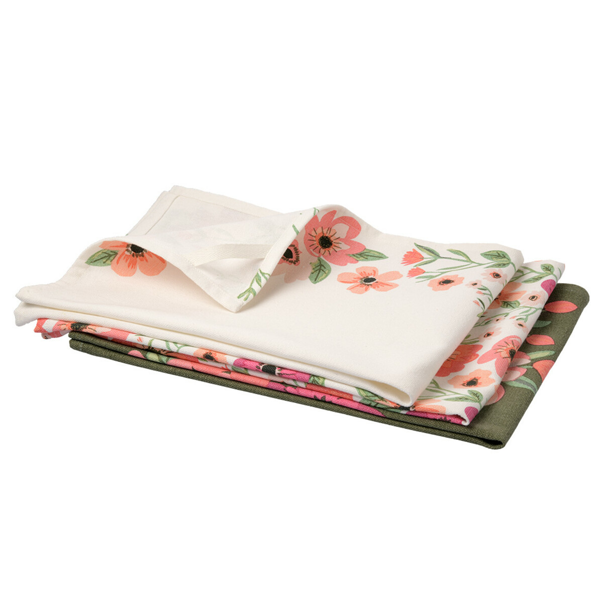 Bild 1 von 3 Geschirrtücher mit Blumen-Mustern WEISS / OLIV