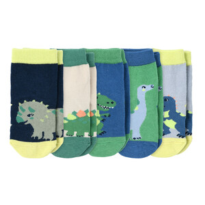 5 Paar Baby Socken mit Dino-Motiven BLAU / GRÜN / HELLBEIGE