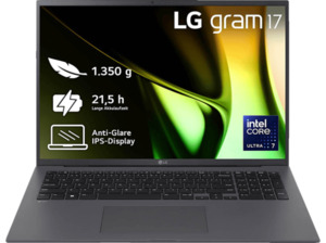 LG gram 17Z90S-G.AA79G, Notebook, mit 17 Zoll Display, Intel® Core™ Ultra 7,155H Prozessor, 16 GB RAM, 1 TB SSD, Arc® GPU, Grau, Windows 11 Home (64 Bit), Grau
