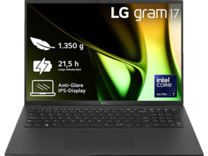 LG gram 17Z90S-G.AA75G, Notebook, mit 17 Zoll Display, Intel® Core™ Ultra 7,155H Prozessor, 16 GB RAM, 512 SSD, Arc® GPU, Schwarz, Windows 11 Home (64 Bit), Schwarz