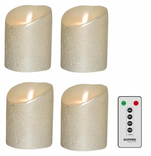 Bild 1 von SOMPEX LED-Kerze »4er Set Flame LED Kerzen silber metallic 10cm« (Set, 5-tlg., 4 Kerzen, Höhe 10cm, Durchmesser 8cm, 1 Fernbedienung), fernbedienbar, integrierter Timer, Echtwachs, täuschend echt