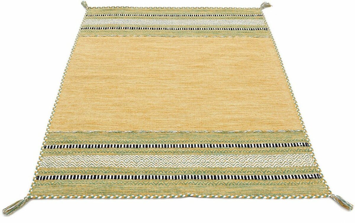 Bild 1 von Teppich Kelim Azizi, carpetfine, rechteckig, Höhe: 5 mm, Baumwolle, Wendeteppich mit Fransen, Wohnzimmer, Gelb