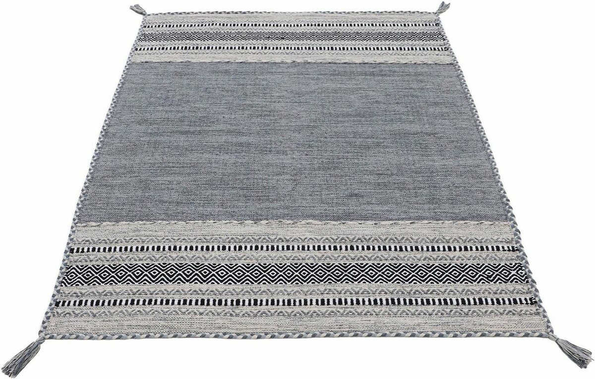 Bild 1 von Teppich Kelim Azizi, carpetfine, rechteckig, Höhe: 5 mm, Baumwolle, Wendeteppich mit Fransen, Wohnzimmer, Grau