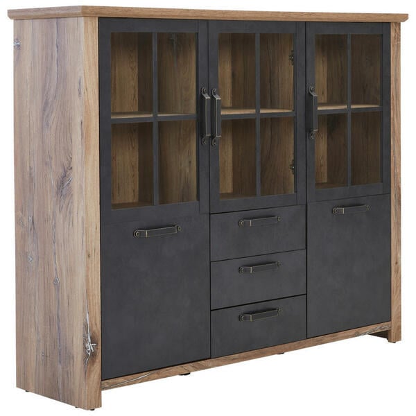 Bild 1 von Hom`in Highboard, Grau, Eiche, Holzwerkstoff, 5 Fächer, 3 Schubladen, 149x125x40 cm, Typenauswahl, Beimöbel erhältlich, Wohnzimmer, Kommoden & Sideboards, Highboards