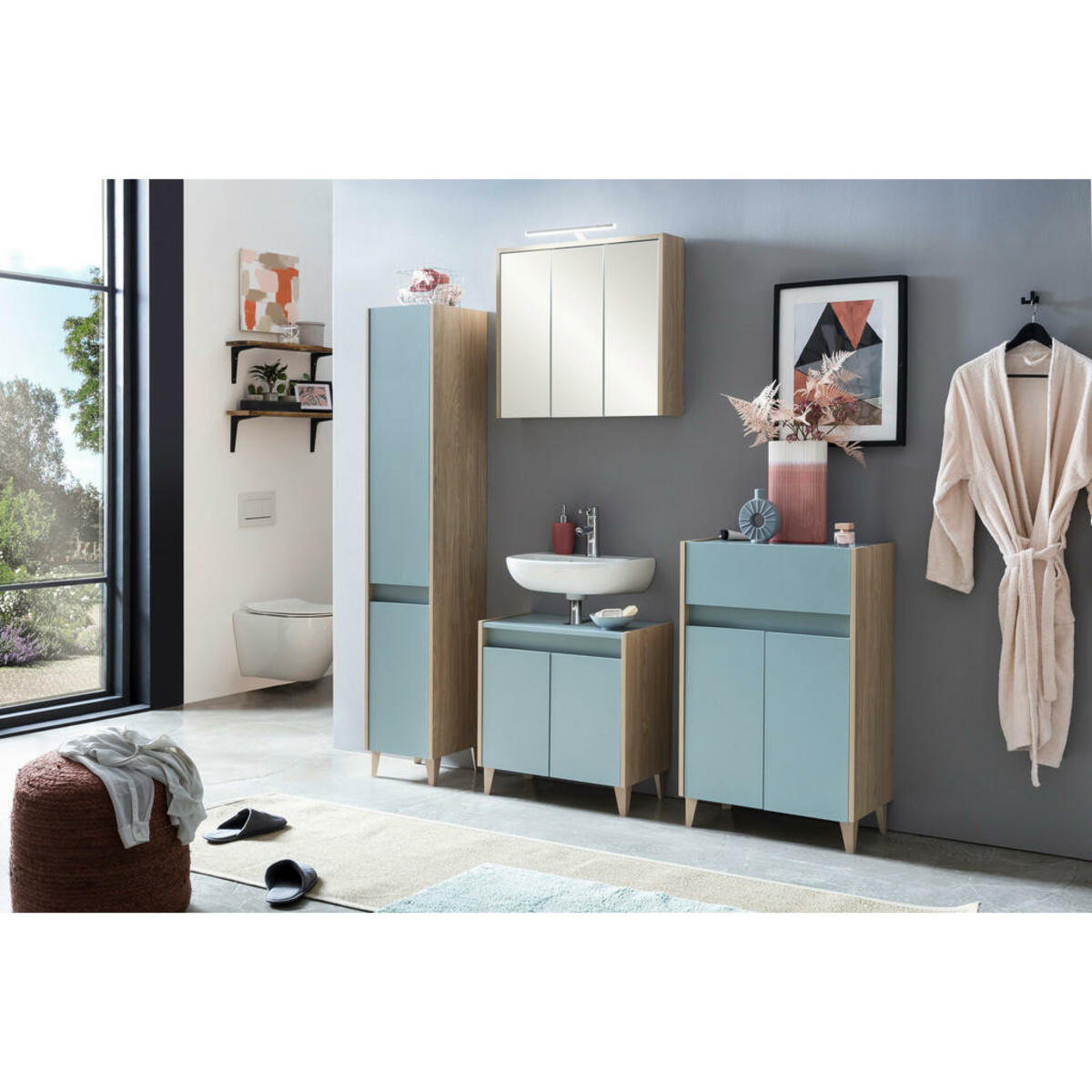 Bild 1 von Waschbeckenunterschrank Elba Eiche hell Nachbildung taubenblau B/H/T: ca. 56,9x60,1x33 cm