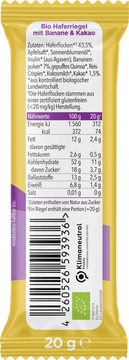 Bild 2 von Pumpkin Organics Bio Haferriegel mit Banane & Kakao