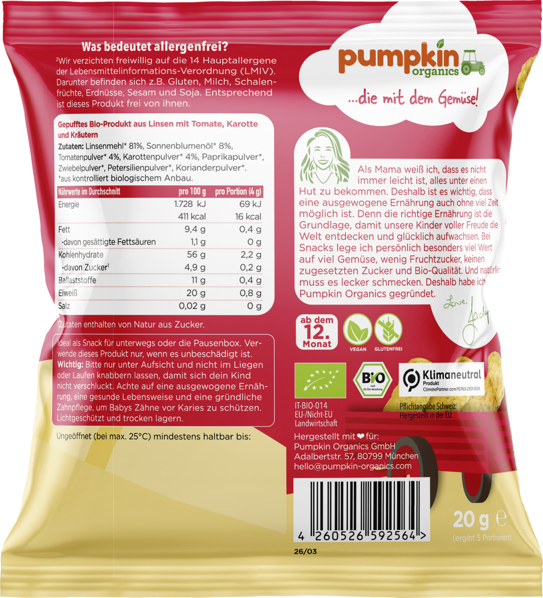 Bild 2 von Pumpkin Organics Bio Linsen Puffs mit Tomate, Karotte & Kräutern