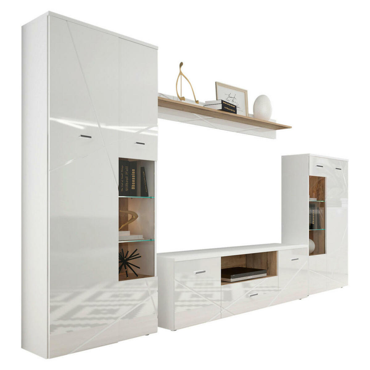 Bild 1 von Wohnwand Storm weiß weiß Hochglanz Wildeiche Nachbildung B/H/T: ca. 340x196x40 cm