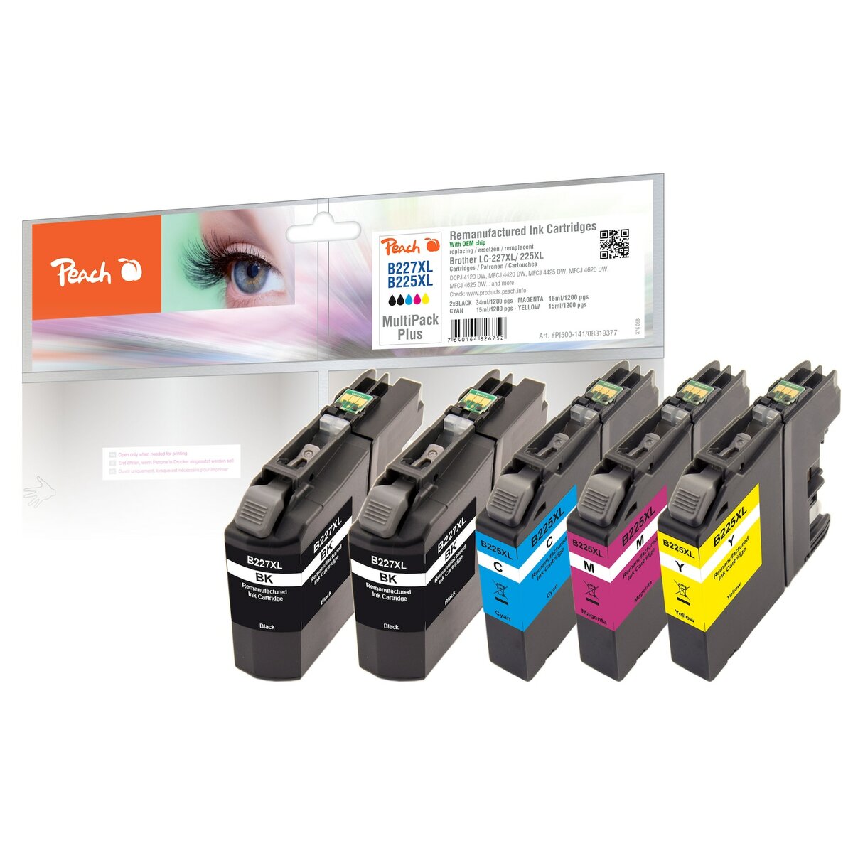 Bild 1 von Peach B227 XLVALBP Spar Plus Pack Druckerpatronen XL (2*bk, c/m/y) ersetzt Brother LC-227XLVALBP für z.B. Brother MFCJ 4420 DW, Brother DCPJ 4120 DW (wiederaufbereitet)