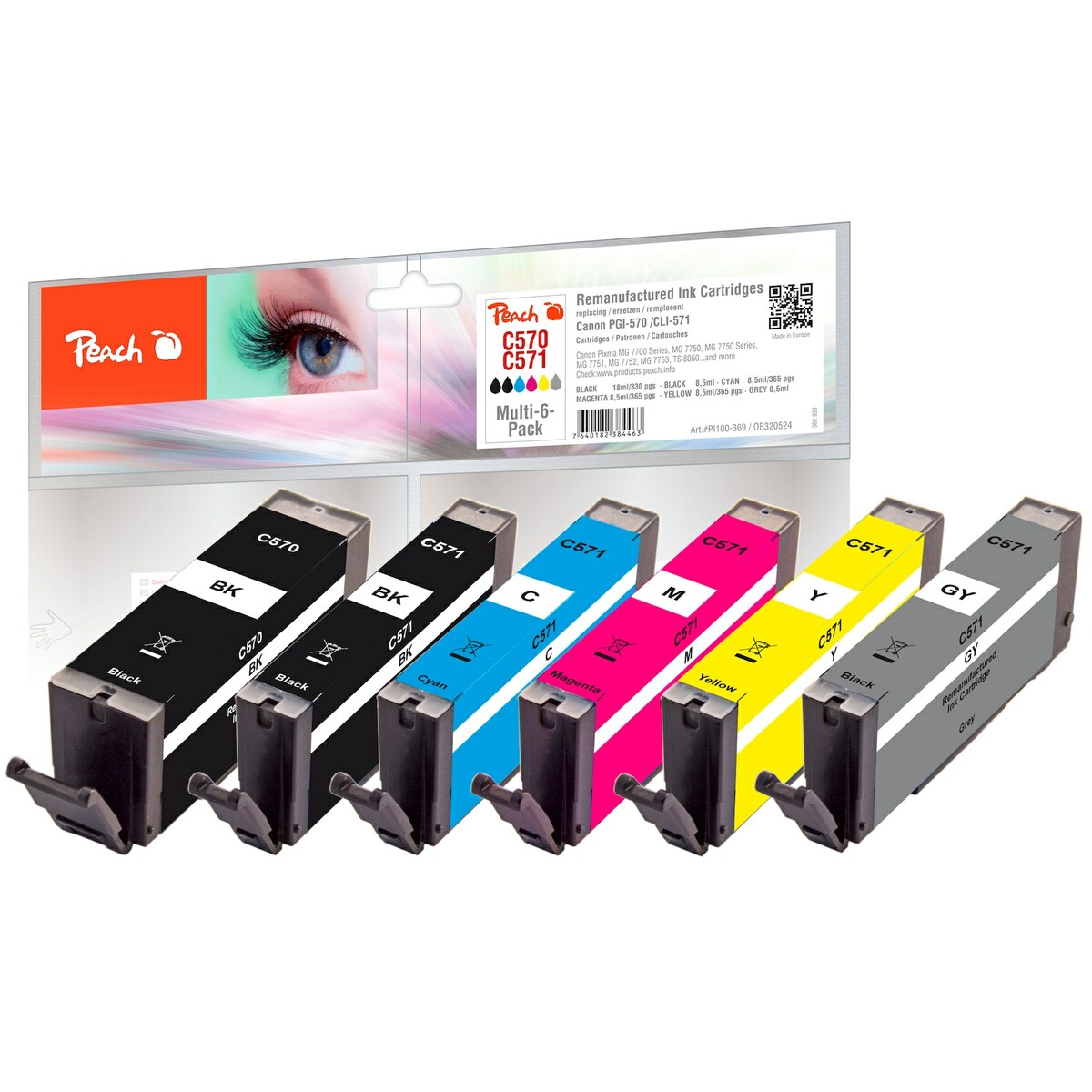 Bild 1 von Peach C570  6 Druckerpatronen mit (bk, bkph, gy, c/m/y) ersetzt Canon PGI-570, CLI-571 für z.B. Canon Pixma TS 5050, Canon Pixma TS 5051 (wiederaufbereitet)
