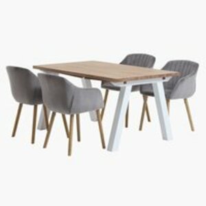 SKAGEN L150 Tisch weiß/Eiche + 4 ADSLEV Stühle grauer Samt