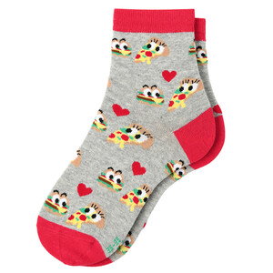 1 Paar Damen Socken mit Pizza und Hamburger HELLGRAU / ROT