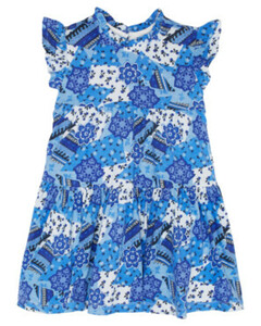 Kleid mit Stufenschnitt, Kiki & Koko, Rundhalsausschnitt, blau bedruckt