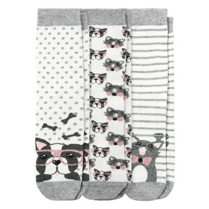 3 Paar Damen Socken mit Hunden und Katzen WEISS / HELLGRAU