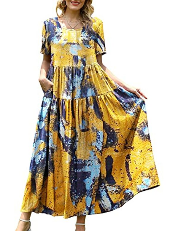 Bild 1 von YESNO Damen Kleider Freizeit Lose Sommerkleid Lang Boho Maxikleid für Rundhals Strandkleid Blumenkleid EJFDE