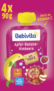 Bebivita Bebivita Quetschbeutel Frucht und Keks Apfel-Banane-Himbeere mit Keks, 4x90g
