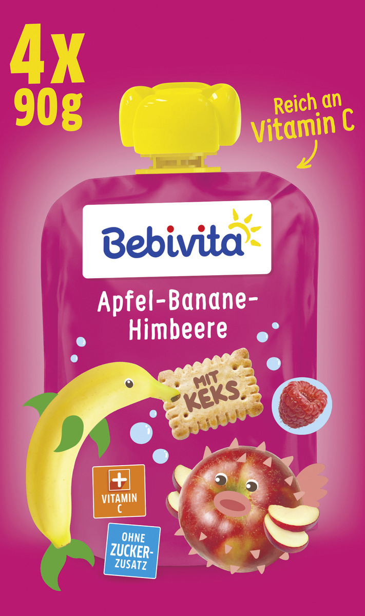 Bild 1 von Bebivita Bebivita Quetschbeutel Frucht und Keks Apfel-Banane-Himbeere mit Keks, 4x90g