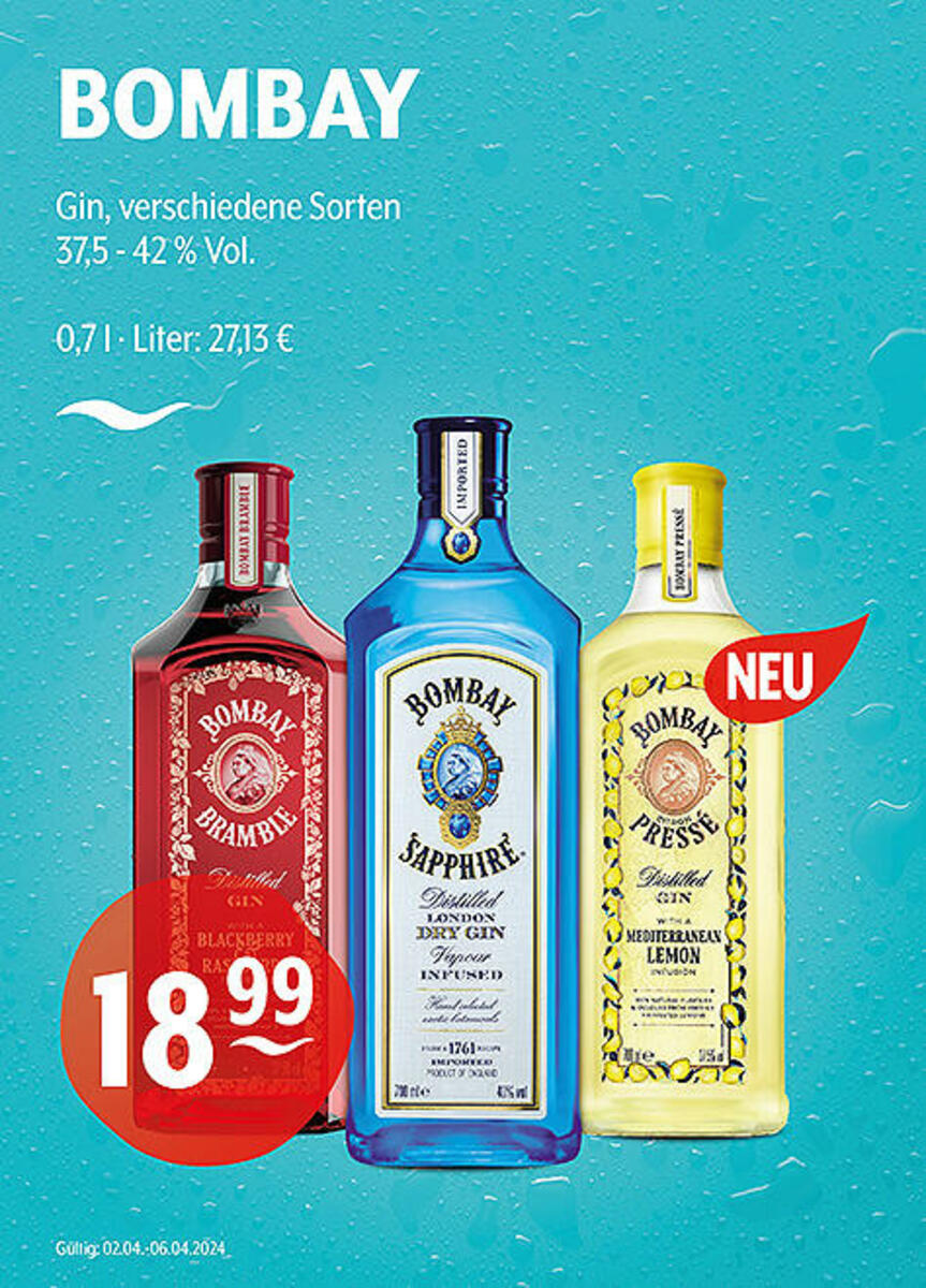 Bild 1 von BOMBAY Gin
verschiedene Sorten
37,5 - 42 % Vol.