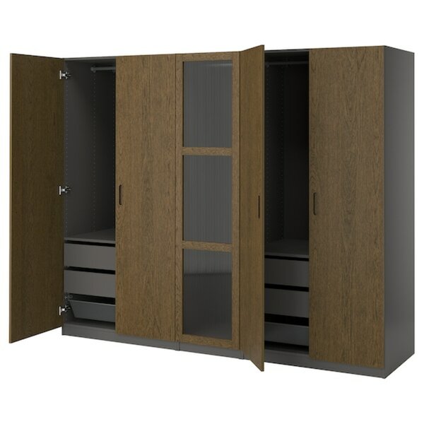 Bild 1 von PAX / TONSTAD  Schrankkombination, dunkelgrau braun/gebeiztes Eichenfurnier Glas 250x60x201 cm
