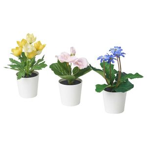 FEJKA  Topfpflanze, künstl/+Topf 3er-Set, drinnen/draußen gelb/rosa lila 6 cm