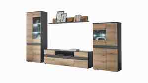 Wohnwand Eiche - anthrazit 330 cm Beleuchtung - TAYLOR