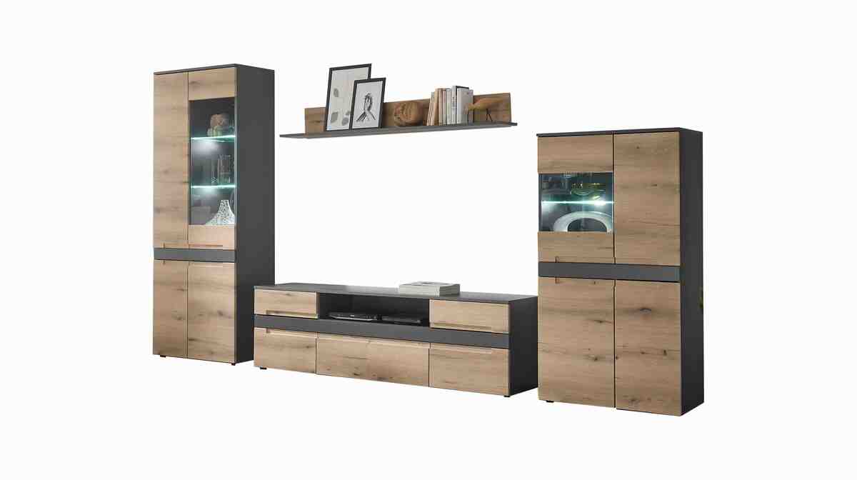 Bild 1 von Wohnwand Eiche - anthrazit 330 cm Beleuchtung - TAYLOR