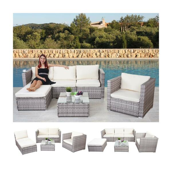 Bild 1 von Poly-Rattan-Garnitur Busto, Gartengarnitur Sitzgruppe Sofa Lounge-Set ~ grau, Kissen creme