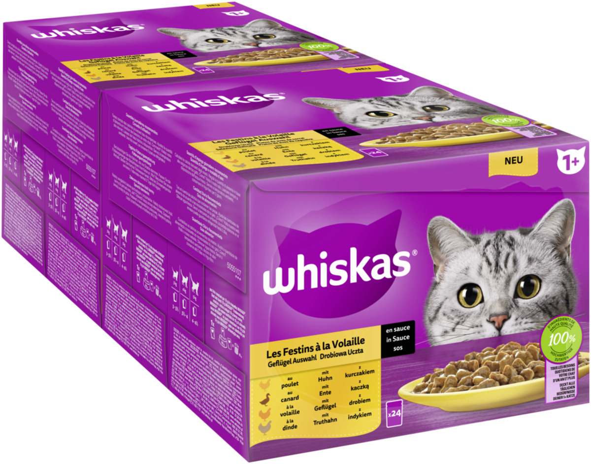 Bild 1 von WHISKAS Portionsbeutel Multipack Vorratspack 1+ Geflügel Auswahl in Sauce 24 x 85g