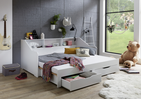 Bild 2 von Relita Funktionsbett RENE von 90 auf 180 x 200 cm ausziehbar, mit 2 Schublade & Regal, weiß