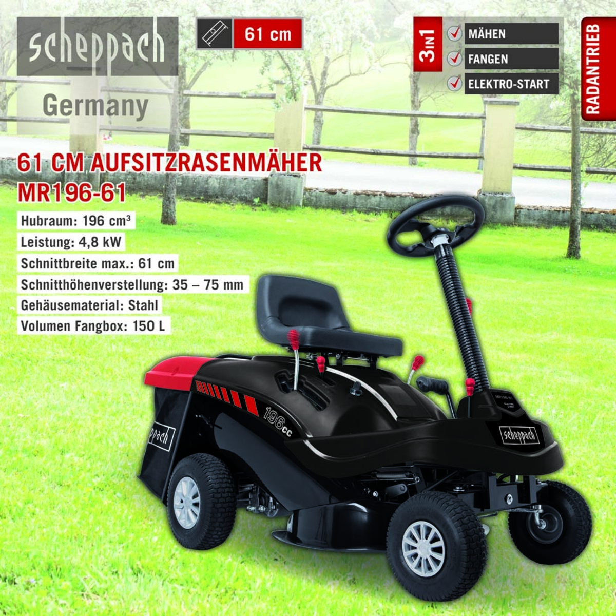 Bild 2 von Scheppach Aufsitzrasenmäher MR196-61