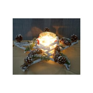 Tischkranz Stern, Weihnachtsdeko Adventskranz, Holz mit Kerzenglas 40x40x12cm weiß-grau