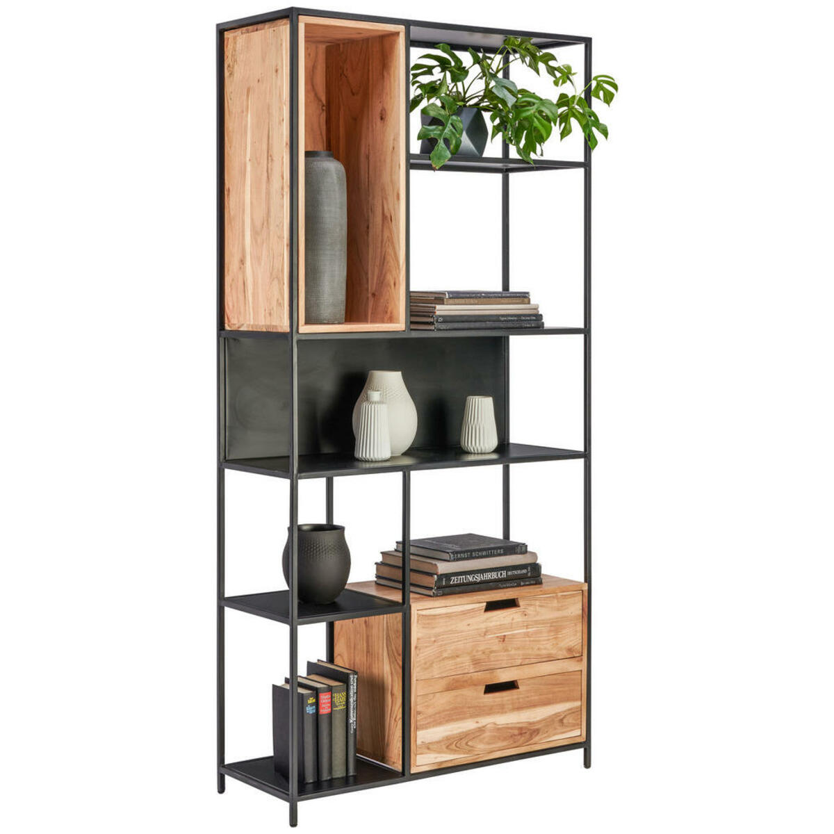 Bild 1 von Landscape Regal akazie massiv schwarz, akaziefarben , Arun , Holz, Metall , Akazie,Akazie , massiv,massiv , 2 Schubladen , 90x185x34 cm , pulverbeschichtet,lackiert,lackiert,Echtholz,Echtholz , 00163