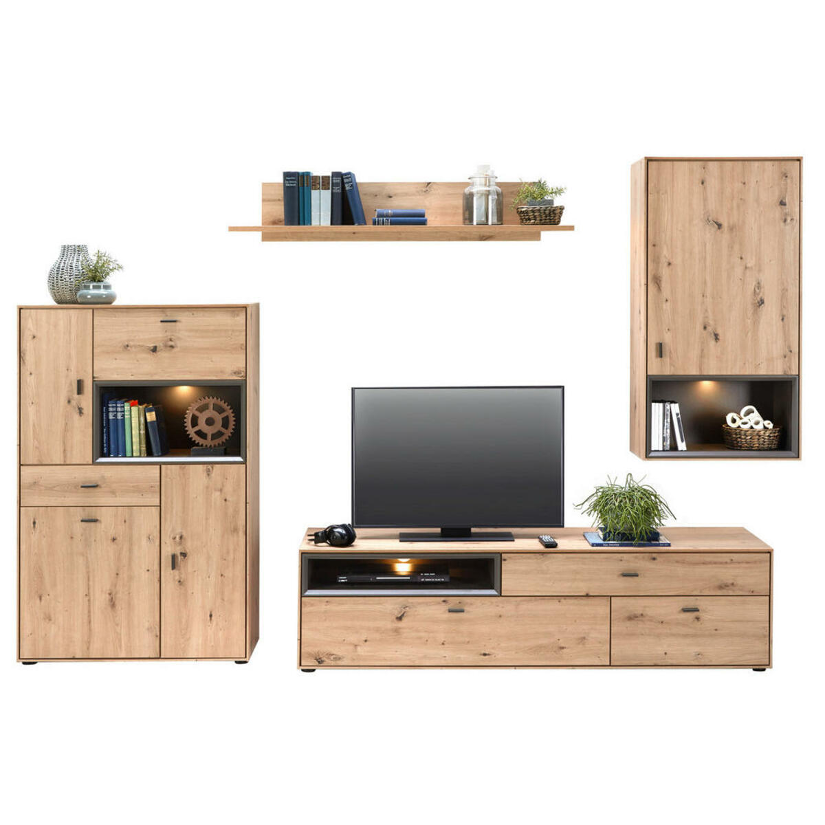 Bild 1 von Hom`in Wohnwand grau, eichefarben , Sensai   -Hom In- , Holzwerkstoff , 6 Fächer , 2 Schubladen , 300x180x50 cm , Dekorfolie,Nachbildung,Nachbildung , Beimöbel erhältlich , 000778001505