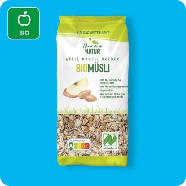 Bild 1 von NUR NUR NATUR Bio-Müsli, Apfel-Mandel-Urkorn oder Dinkel-Nuss-Crunchy Naturland-zertifiziert