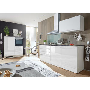 Carryhome Küchenblock in weiß e-geräte, spüle, geschirrspüler , 'Jazz 4+E' _ 3 Schubladen , 200+120 cm , Hochglanz,Nachbildung , 001279000701