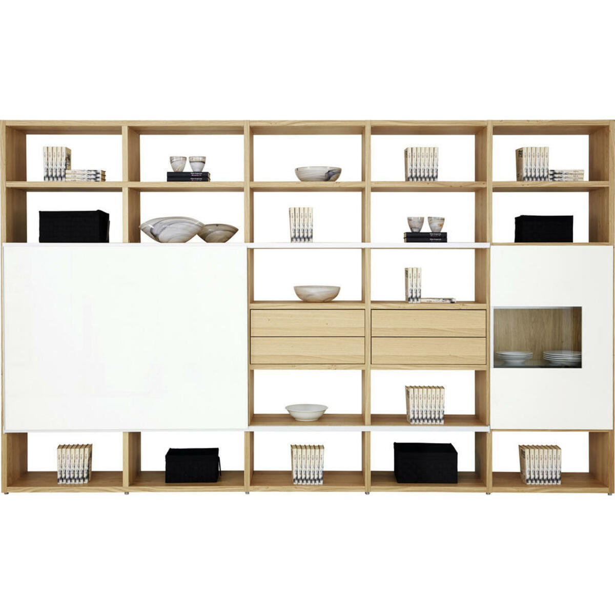 Bild 1 von Now by Hülsta Wohnwand eiche furniert naturfarben, weiß , Now! Time , Glas, Holzwerkstoff , furniert,furniert , 25 Fächer , 4 Schubladen , 353x216x40 cm , lackiert,rückseitig lackiert,Echtholz, N