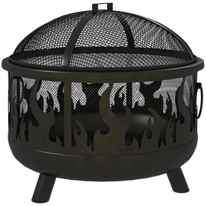 Outsunny 2-in-1 Feuerschale Feuerkorb Feuerstelle mit Funkenschutz Grillrost für Garten BBQ Metall Schwarz Ø61 x 55 cm