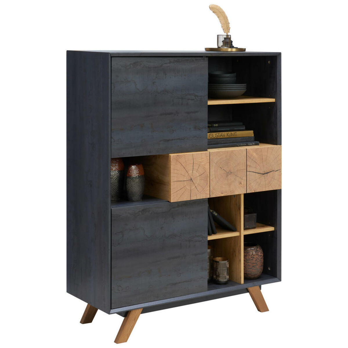 Bild 1 von Carryhome Highboard eichefarben, dunkelgrau , Kik , Holzwerkstoff , massiv , 5 Fächer , 1 Schubladen , 100x133.5x40 cm , 3D-Folie,geölt,Echtholz , Beimöbel erhältlich , 002798002002