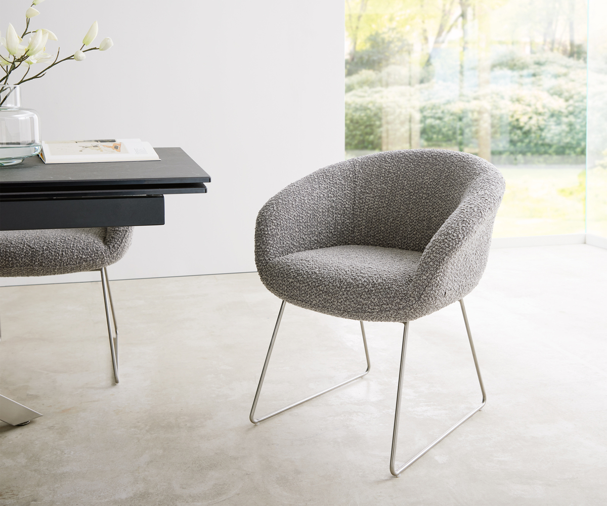 Bild 1 von Esszimmerstuhl Vinka-Flex mit Armlehnen Bouclé Silbergrau Kufengestell Edelstahl Taschenfederkern