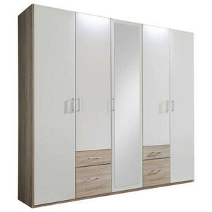 MID.YOU Kleiderschrank 5-türig weiß, eichefarben , Freiburg , Holzwerkstoff , 3 Fächer , 4 Schubladen , 225x210x58 cm , Nachbildung , in verschiedenen Größen erhältlich, Holzdekoren erhältlich