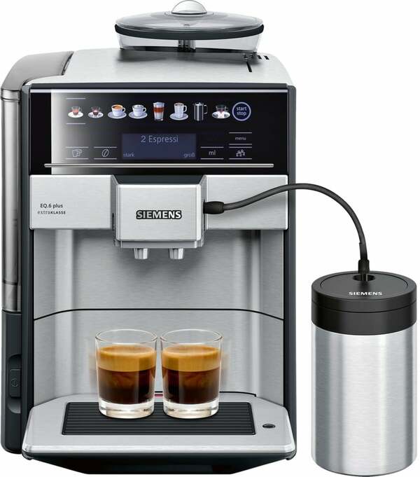 Bild 1 von SIEMENS EQ.6 plus extraKlasse TE657F03DE Edelstahl, schwarz Kaffeevollautomat (OneTouch, ceramDrive Mahlwerk, coffeeSelect Display, herausnehmbare Brühgruppe, 1,7 Liter)