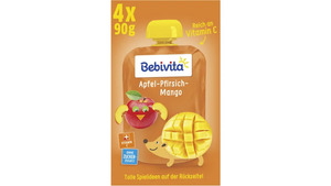 Bebivita Kinder-Spaß 4x90g im Quetschbeutel: Apfel-Pfirsich-Mango, ohne Zuckerzusatz, geeignet ab 1 Jahr