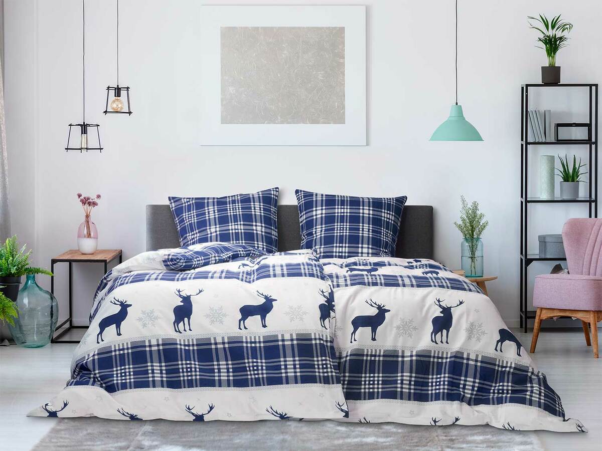 Bild 1 von Dobnig Feinbiber Bettwäsche, Hirsche und Karos blau