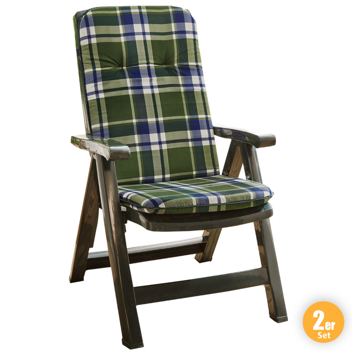Bild 1 von Solax-Sunshine Hochlehner-Polsterauflage, je ca. 116 x 50 x 5 cm - Karo Grün, 2er-Set