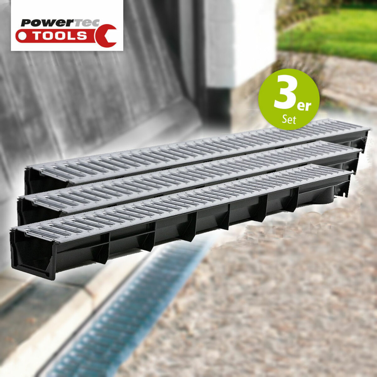 Bild 1 von Powertec Tools Entwässerungsrinnen 3er-Set