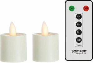 SOMPEX LED-Kerze »2er Set Sompex Flame LED Teelicht« (Set, 3-tlg., 2 Teelichter, Höhe 3,1cm, Durchmesser 3,6cm, 1 Fernbedienung), fernbedienbar, integrierter Timer, Kunststoff, täuschend echtes K